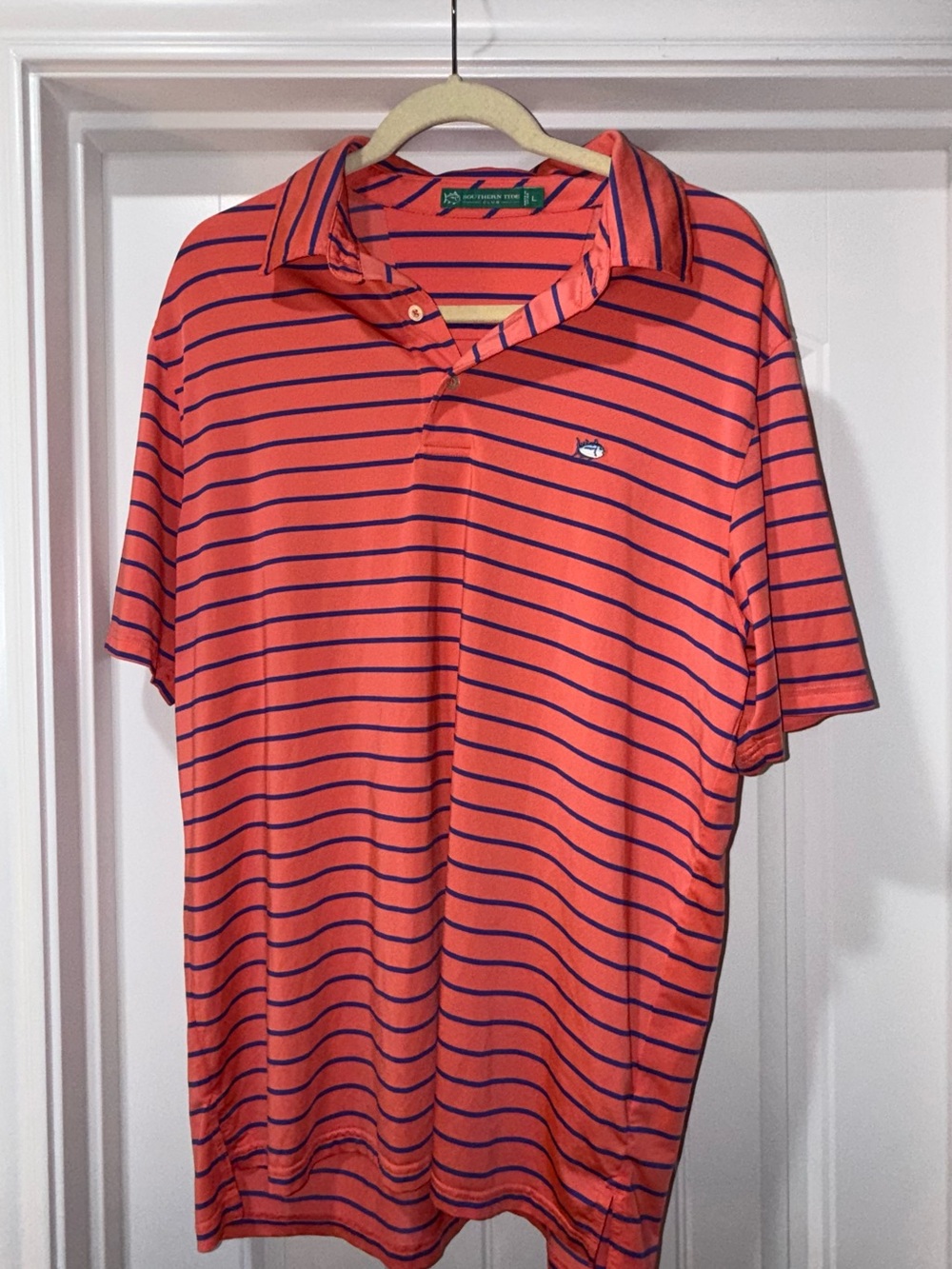 Southern Tide Coral Polo with Navy Stripes